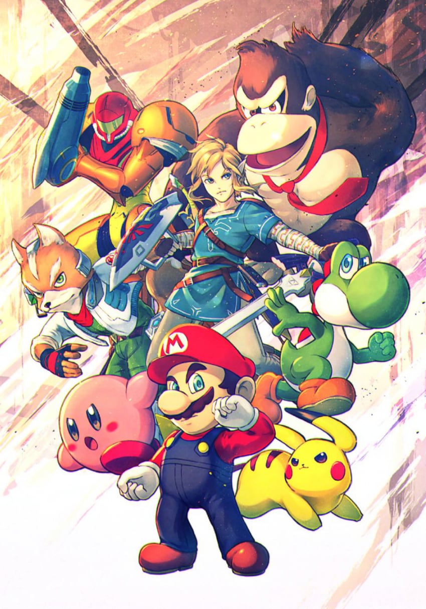 link, pikachu, kirby, samus aran, mario, and 3 more (pokemon and 9 more) drawn by hoshitsubame