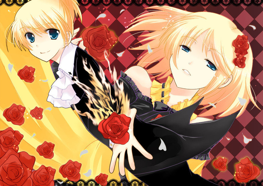 kagamine rin, kagamine len, riliane lucifen d'autriche, and allen avadonia (vocaloid and 3 more) drawn by azuma_kei