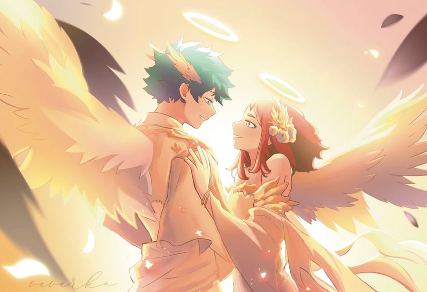 midoriya izuku and uraraka ochaco (boku no hero academia) drawn by reallyveverka