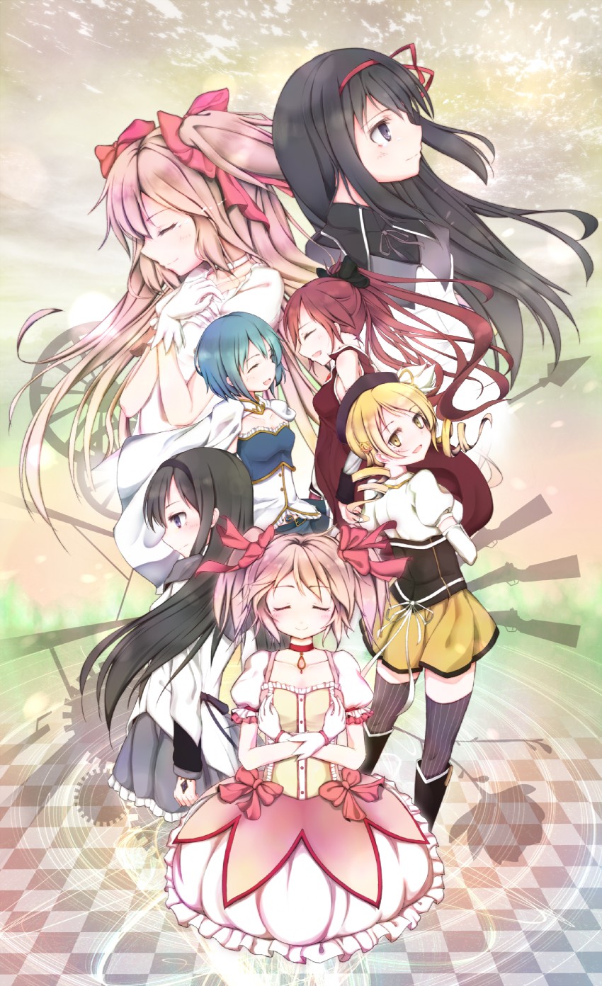 akemi homura, kaname madoka, miki sayaka, sakura kyoko, tomoe mami, and 1 more (mahou shoujo madoka magica) drawn by ahirun