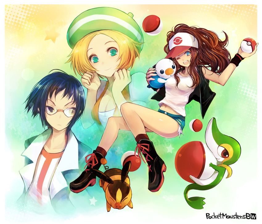 hilda, oshawott, snivy, bianca, tepig, and 1 more (pokemon and 1 more) drawn by kara_(color)