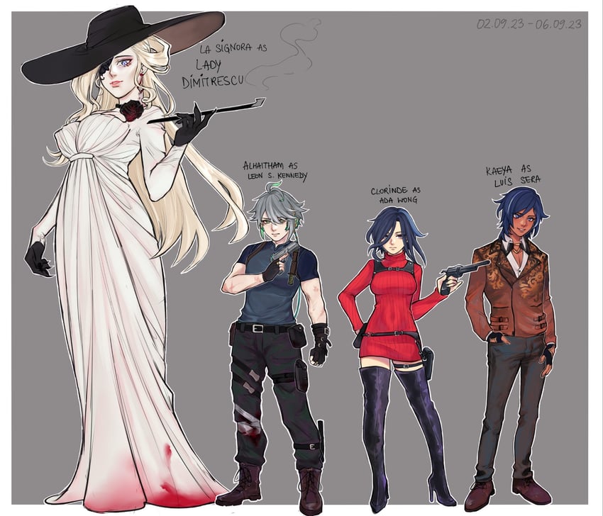 alhaitham, kaeya, clorinde, leon s. kennedy, ada wong, and 3 more (genshin impact and 1 more) drawn by shokano19