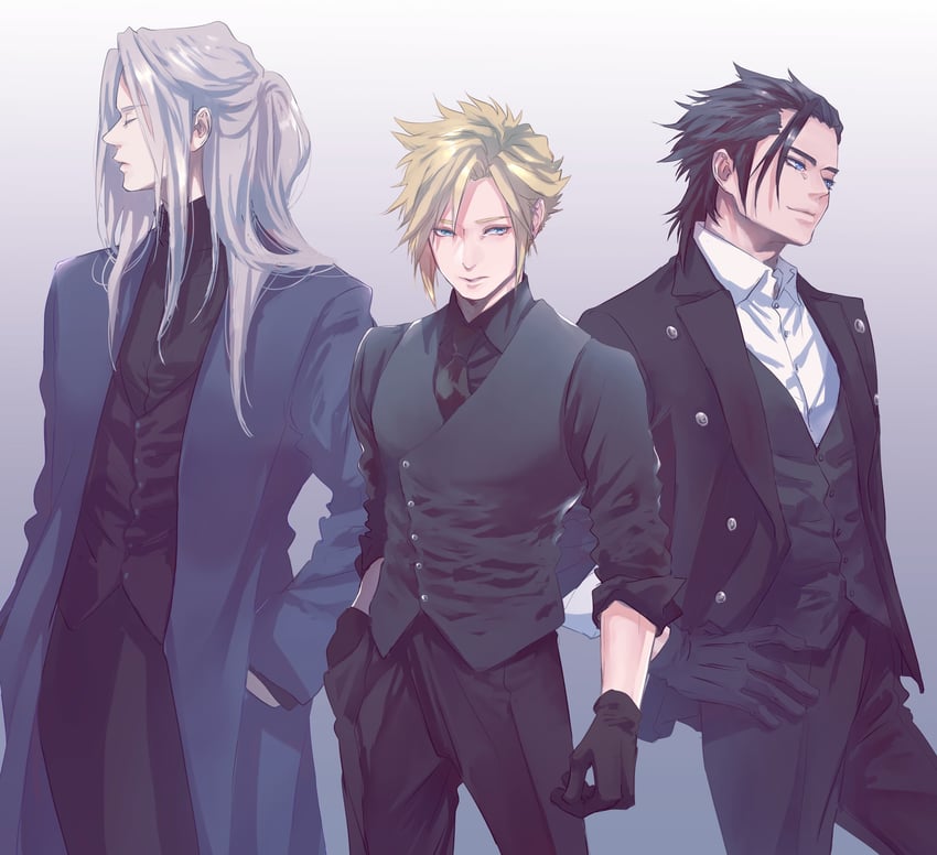 cloud strife, sephiroth, and zack fair (final fantasy and 2 more) drawn by demi_co