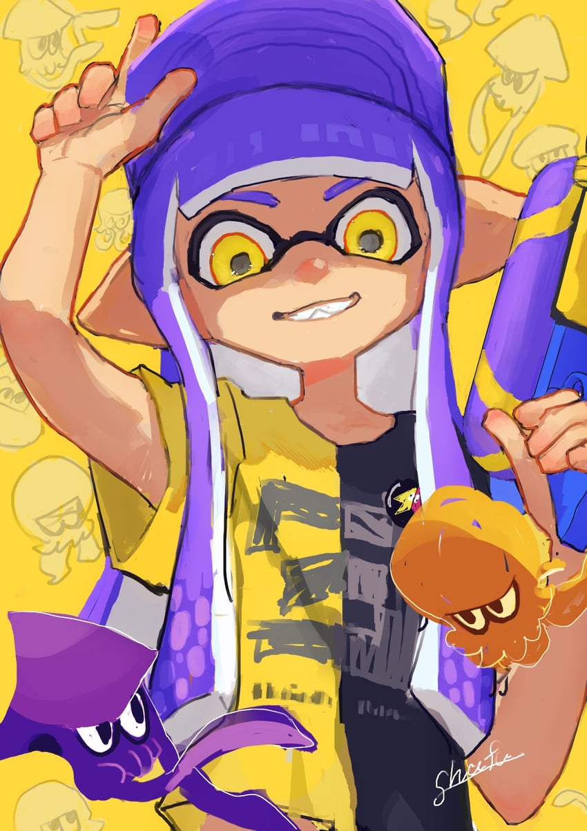 inkling player character and inkling girl (splatoon and 1 more) drawn by shafu