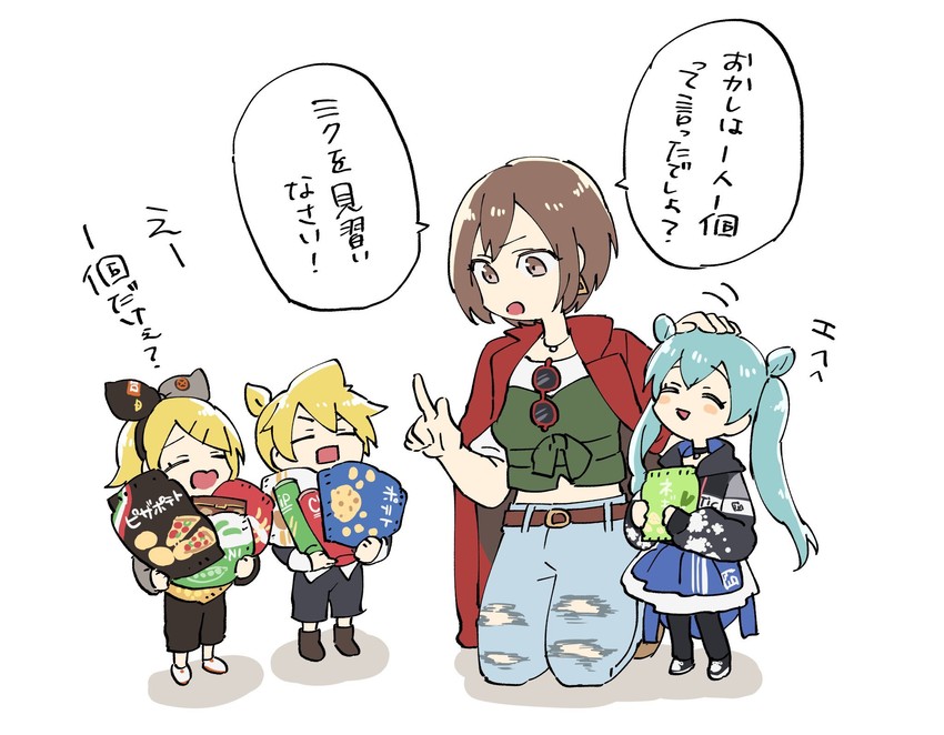 hatsune miku, kagamine rin, kagamine len, meiko, vivid bad squad miku, and 3 more (vocaloid and 1 more) drawn by hazuki_015