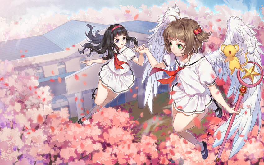 kinomoto sakura, kero, and daidouji tomoyo (cardcaptor sakura) drawn by aquarius_(artist)