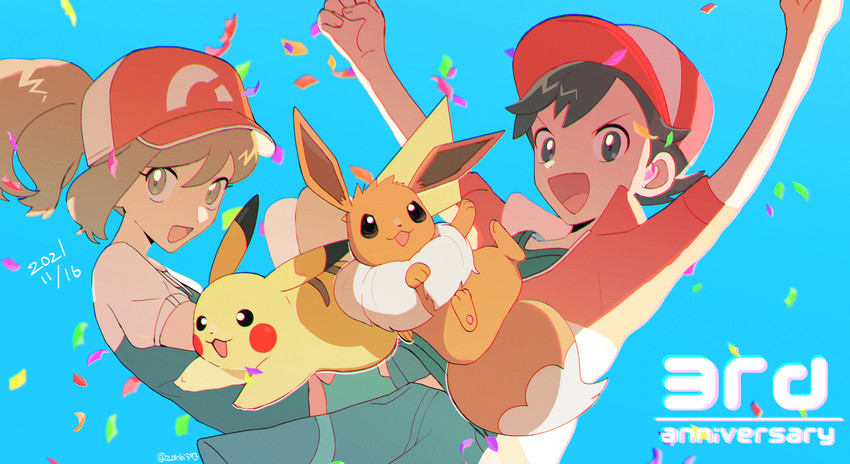 pikachu, eevee, elaine, and chase (pokemon and 1 more) drawn by zonbi4771