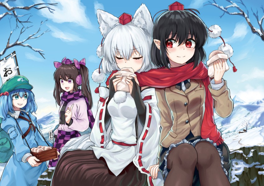 shameimaru aya, inubashiri momiji, kawashiro nitori, and himekaidou hatate (touhou) drawn by shirokaba114