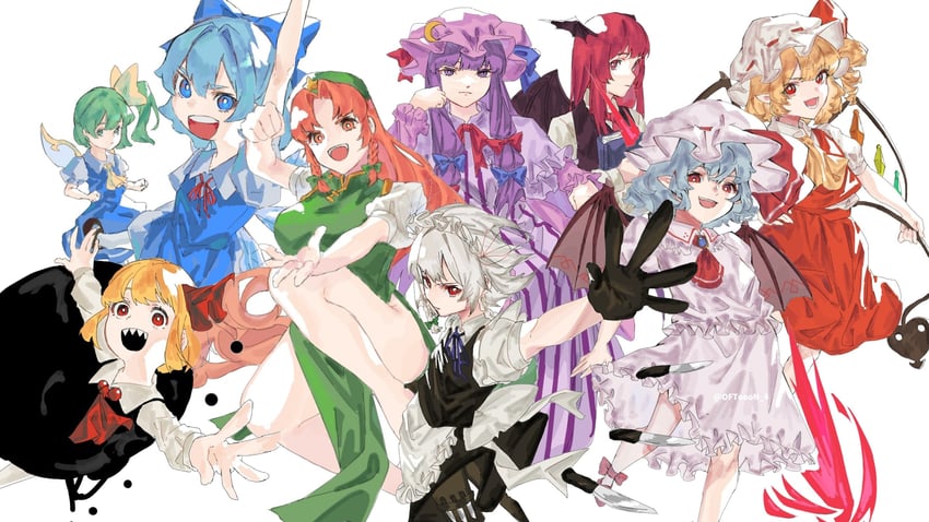 remilia scarlet, flandre scarlet, izayoi sakuya, cirno, patchouli knowledge, and 4 more (touhou and 1 more) drawn by oftooon