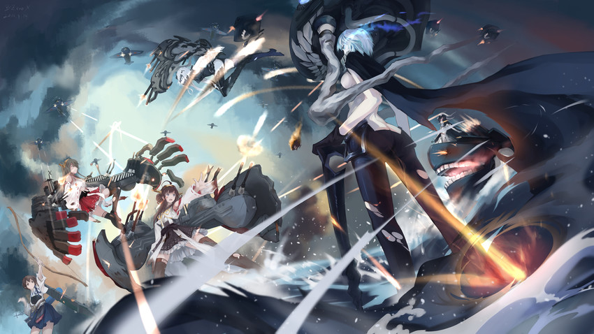 kaga, kongou, haruna, wo-class aircraft carrier, enemy aircraft, and 2 more (kantai collection) drawn by bzerox