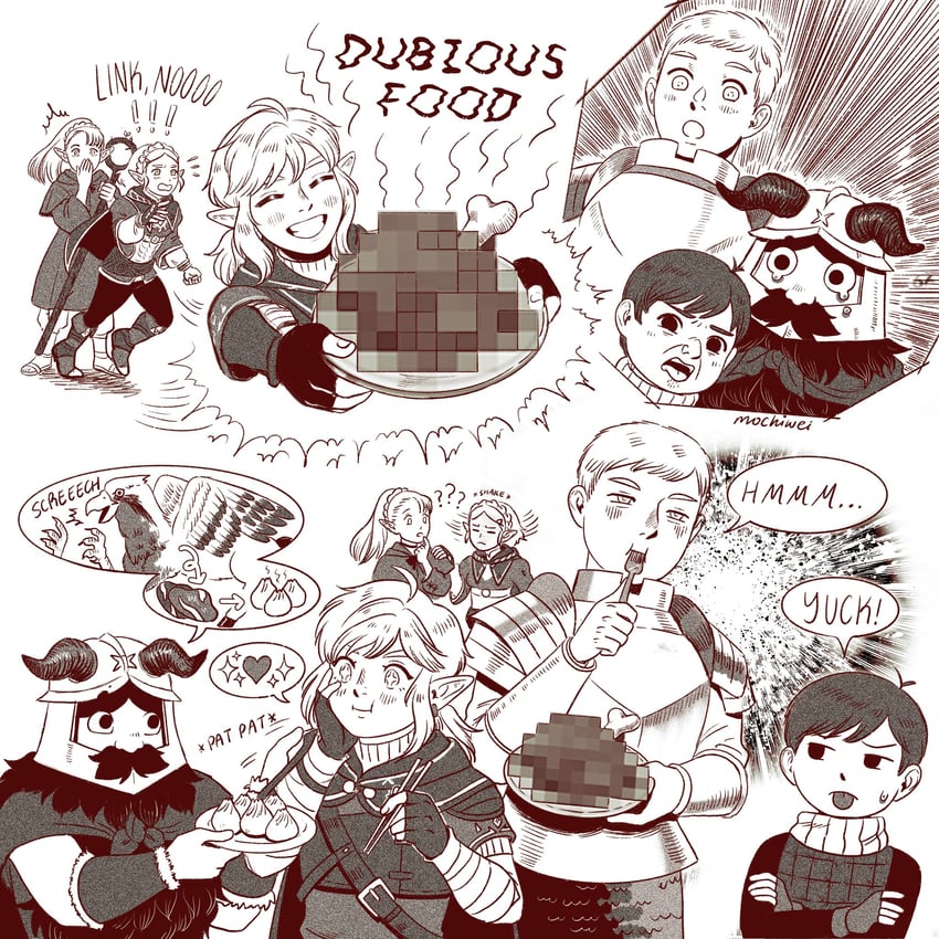 link, princess zelda, marcille donato, laios touden, senshi, and 1 more (the legend of zelda and 2 more) drawn by mochiwei