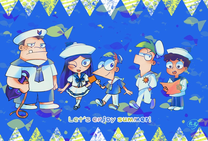 phineas flynn, isabella garcia-shapiro, ferb fletcher, baljeet tjinder, and buford van stomm (phineas and ferb) drawn by ajaj21bd