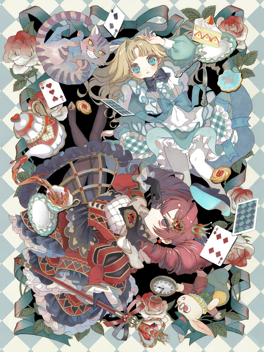alice, white rabbit, cheshire cat, and queen of hearts (alice's adventures in wonderland) drawn by karin_(salmonosushi)