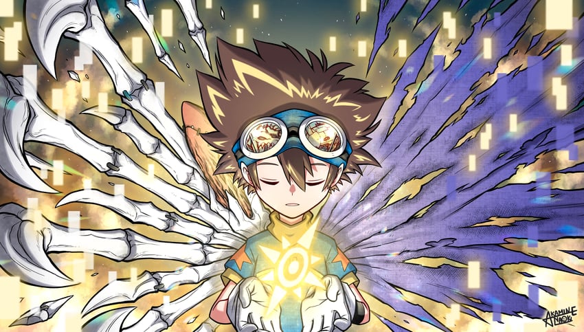 yagami taichi, metalgreymon, and skullgreymon (digimon and 1 more) drawn by akamine_naoki