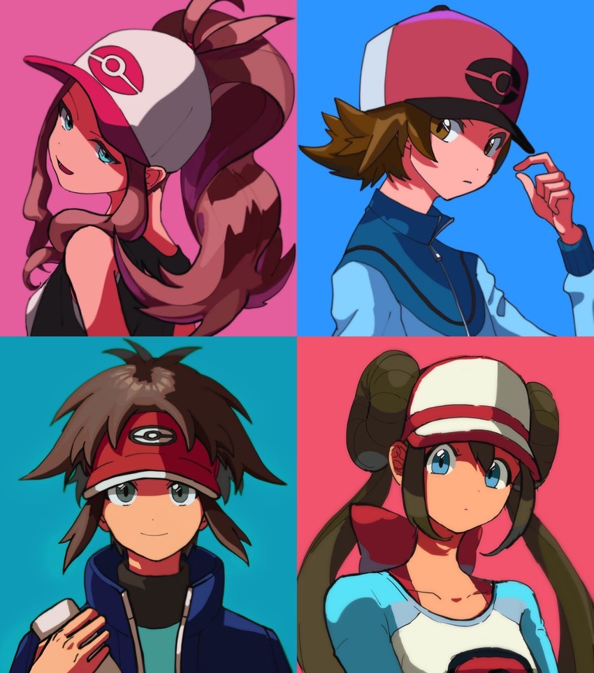 rosa, hilda, hilbert, and nate (pokemon and 2 more) drawn by rifu_(hunihuni1130)