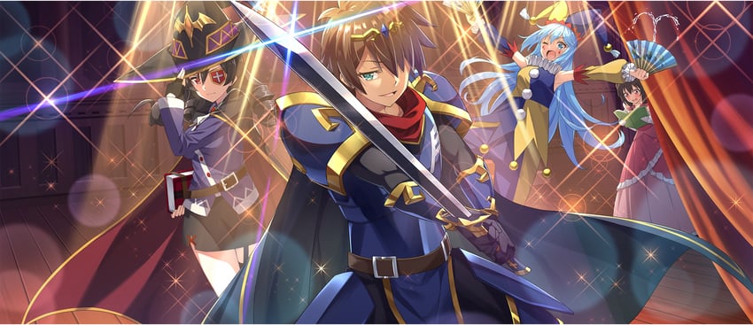 aqua, satou kazuma, yunyun, arue, and mitsurugi kyouya (kono subarashii sekai ni shukufuku wo! and 1 more)