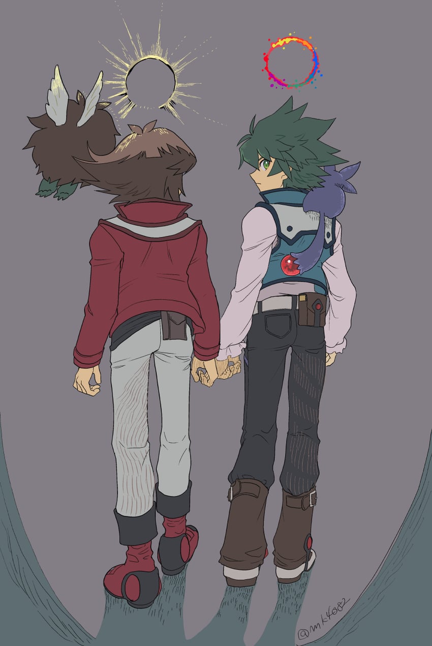yuki judai, johan andersen, winged kuriboh, and crystal beast ruby carbuncle (yu-gi-oh! and 1 more) drawn by moiko