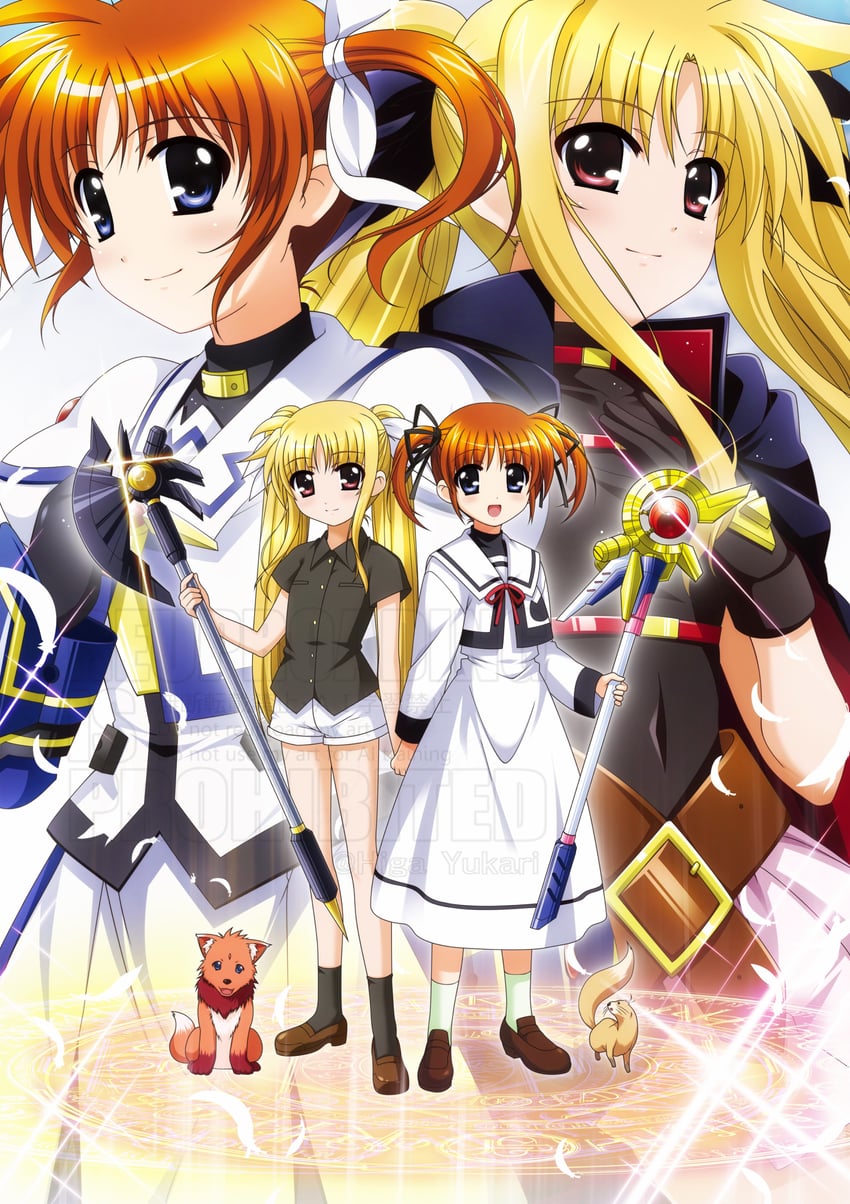 fate testarossa, takamachi nanoha, raising heart, yuuno scrya, arf, and 1 more (lyrical nanoha and 1 more) drawn by higa_yukari
