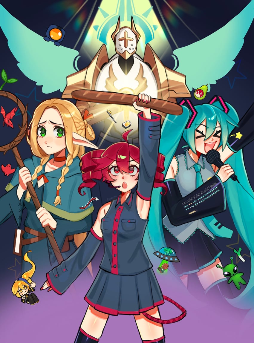 hatsune miku, kasane teto, marcille donato, akita neru, pearto, and 1 more (vocaloid and 3 more) drawn by riinchu