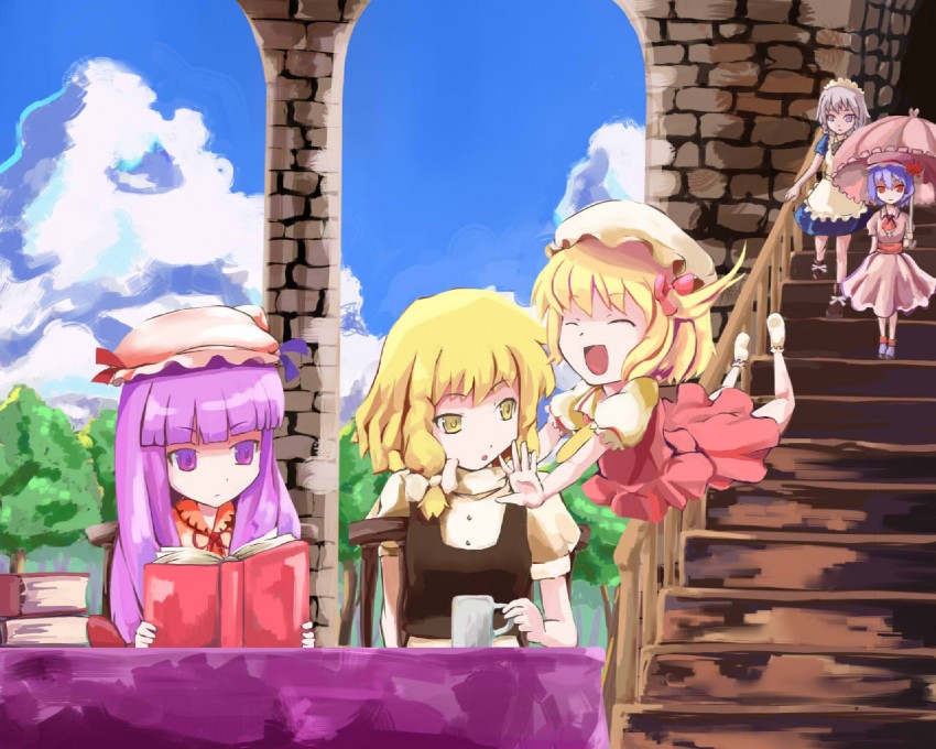 kirisame marisa, remilia scarlet, flandre scarlet, izayoi sakuya, and patchouli knowledge (touhou) drawn by shibasaki_shouji