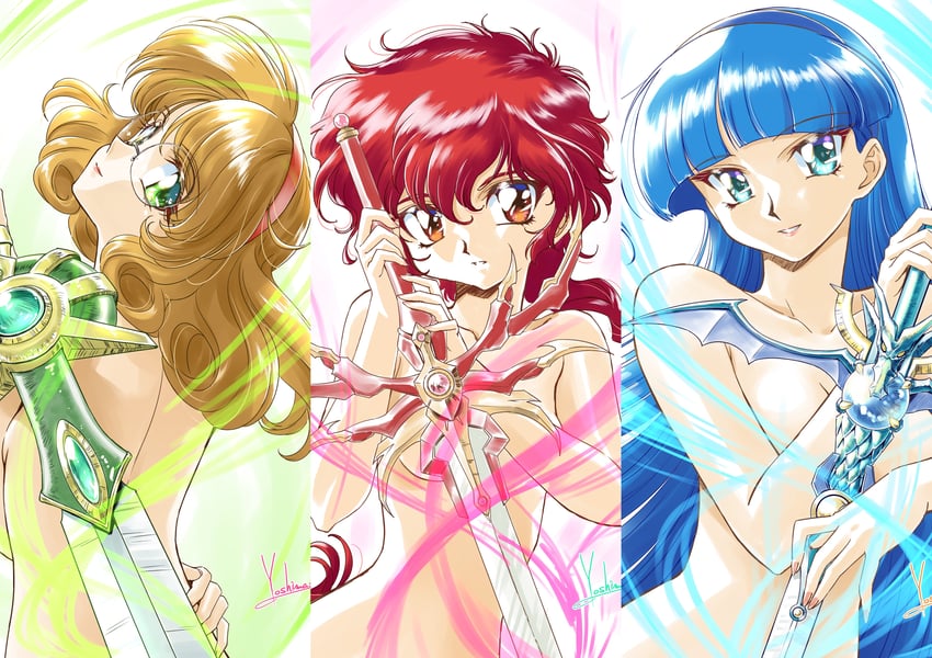 shidou hikaru, ryuuzaki umi, and hououji fuu (magic knight rayearth) drawn by yoshinaga_masahiro