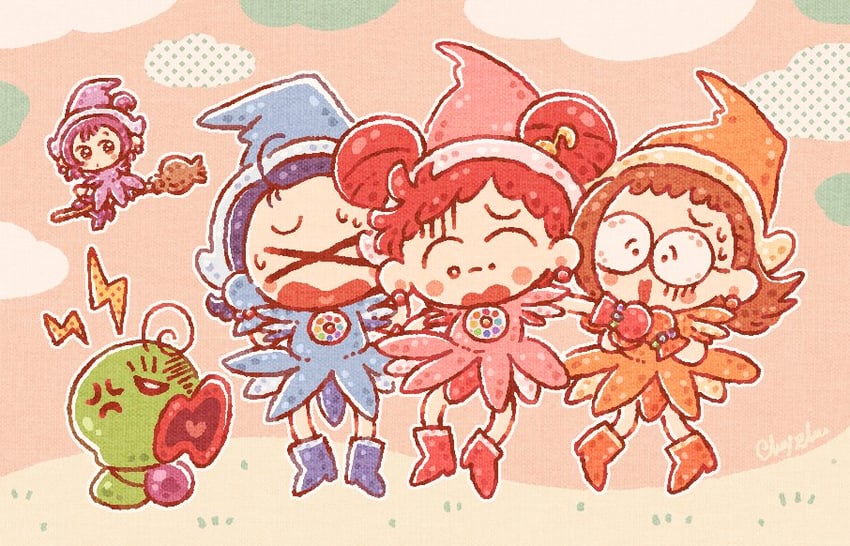harukaze doremi, segawa onpu, fujiwara hazuki, senoo aiko, and majorika (ojamajo doremi) drawn by cherry_pie_(honeycherry08)