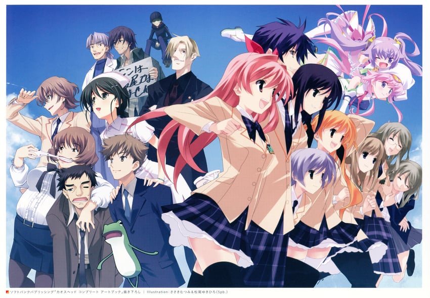 sakihata rimi, nishijou nanami, nishijou takumi, kishimoto ayase, orihara kozue, and 14 more (chaos;head and 2 more) drawn by matsuo_yukihiro and sasaki_mutsumi