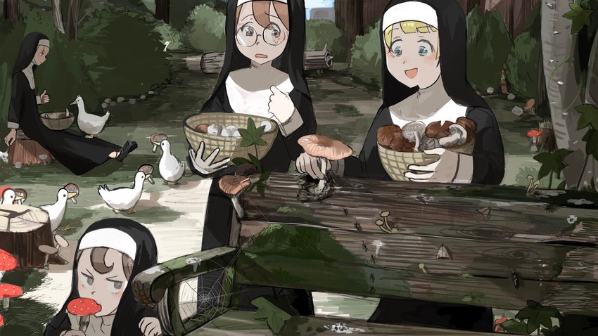 clumsy nun, froggy nun, spicy nun, and glasses nun (little nuns) drawn by diva_(hyxpk)