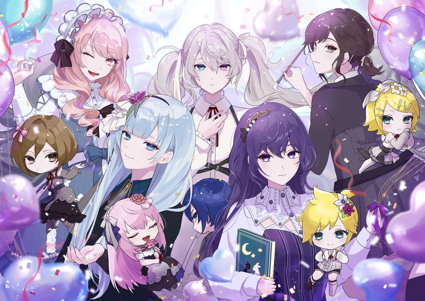 hatsune miku, kagamine rin, kagamine len, megurine luka, kaito, and 11 more (vocaloid and 1 more) drawn by rullep