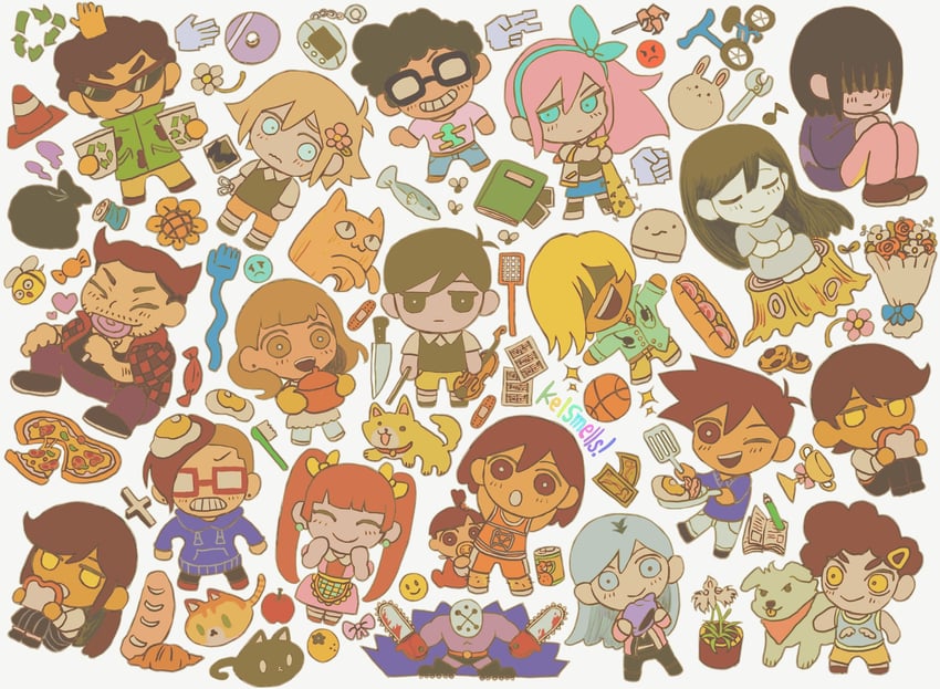 basil, mari, aubrey, kel, mewo, and 17 more (omori) drawn by milkymilkyshark