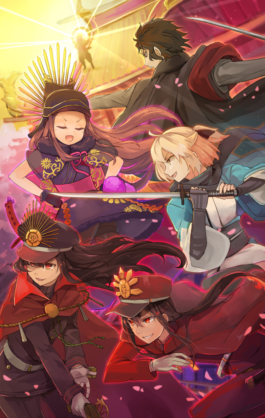 okita souji, oda nobunaga, oda nobukatsu, hijikata toshizou, chacha, and 1 more (fate and 2 more) drawn by hsin