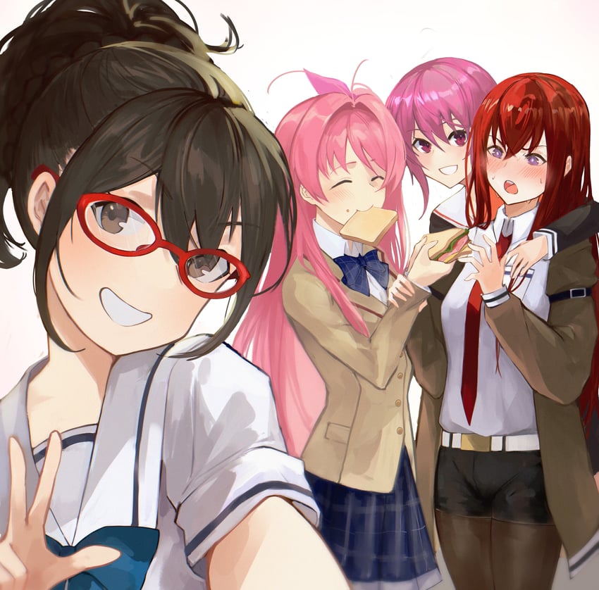 makise kurisu, sakihata rimi, senomiya akiho, and onoe serika (steins;gate and 3 more) drawn by yotsutsu428