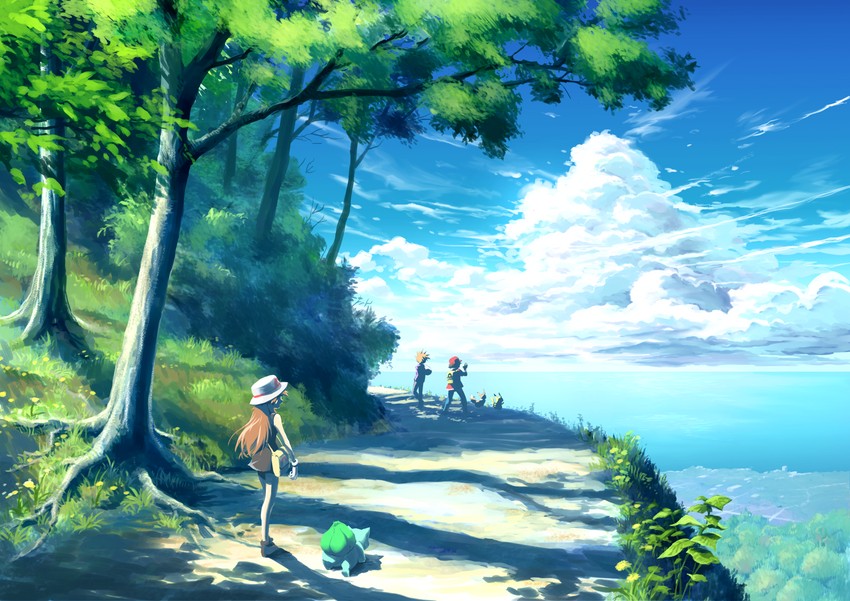 pikachu, red, eevee, blue oak, bulbasaur, and 1 more (pokemon and 1 more) drawn by seijun