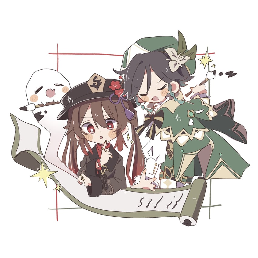 hu tao, venti, and boo tao (genshin impact) drawn by air_(air_en0)