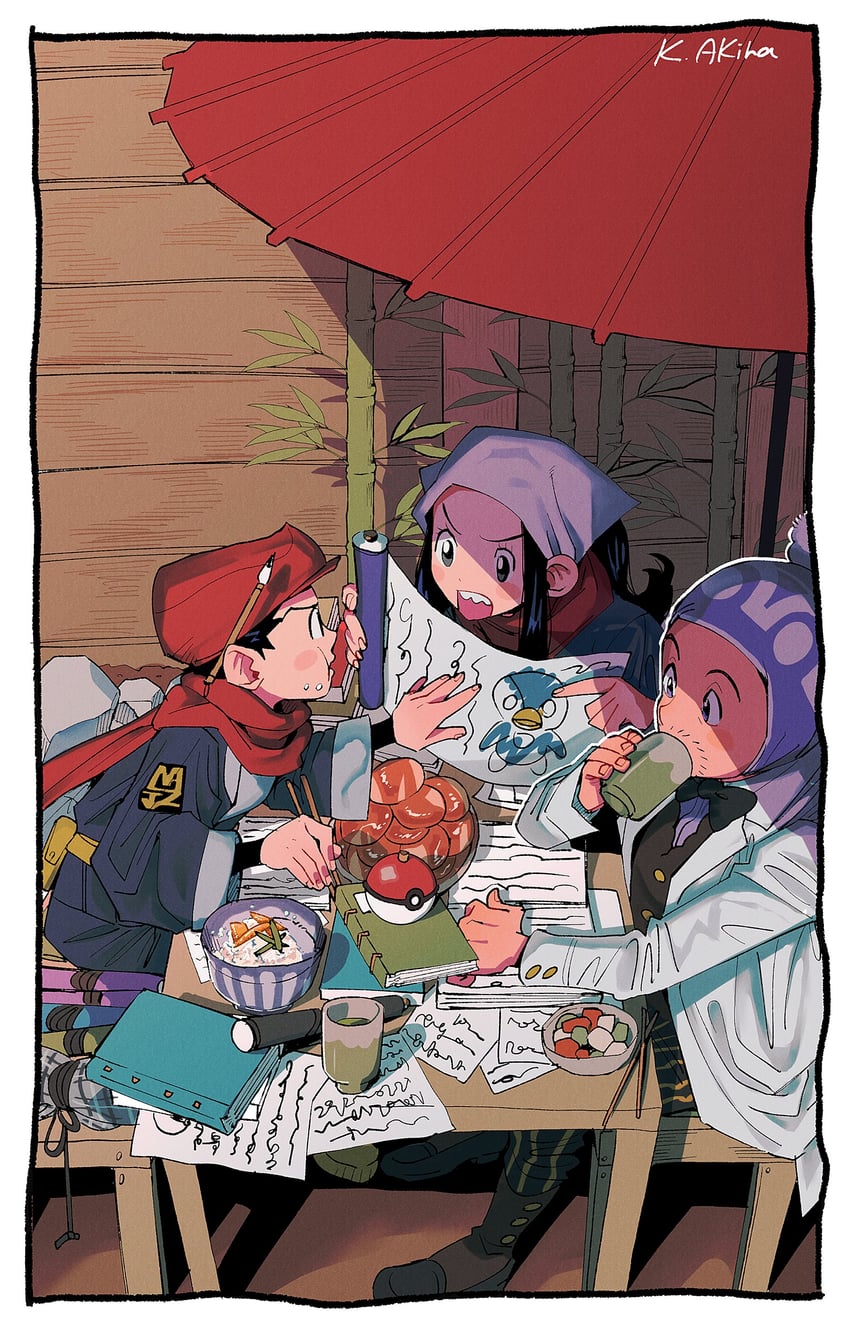 akari, piplup, rei, and professor laventon (pokemon and 1 more) drawn by katajima_akira
