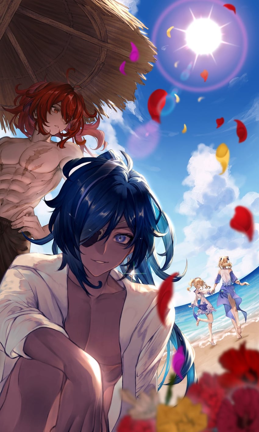 barbara, jean, diluc, and kaeya (genshin impact) drawn by kokollet
