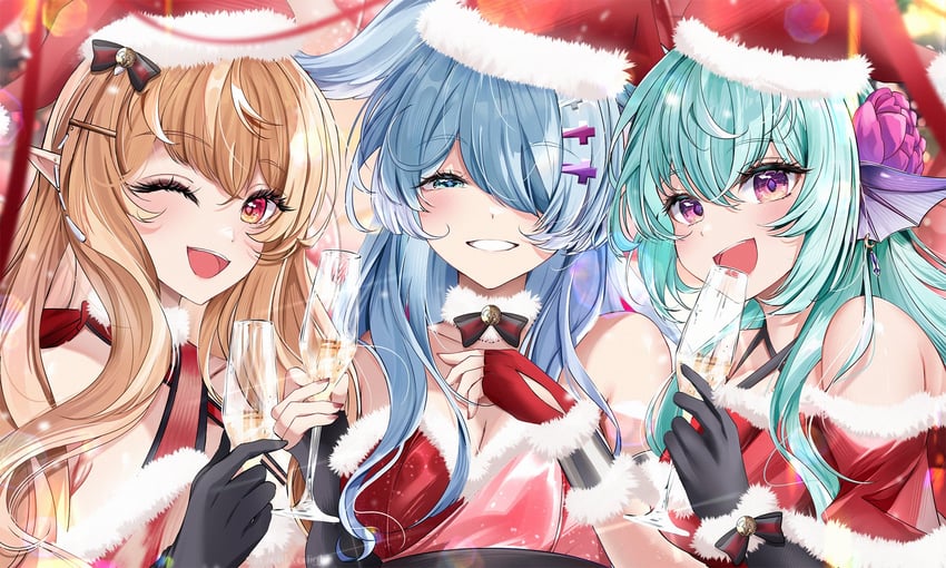 elira pendora, pomu rainpuff, and finana ryugu (nijisanji and 1 more) drawn by lacia_everlight
