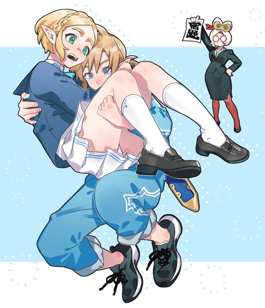 link, princess zelda, and purah (the legend of zelda and 1 more) drawn by oshinomiya