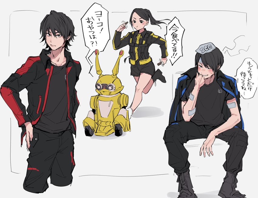 usami youko, sakurada hiromu, yellow buster, red buster, and iwasaki ryuuji (super sentai and 1 more) drawn by ichiya1115
