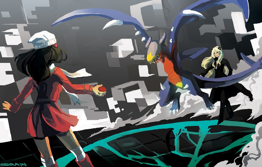 dawn, cynthia, and garchomp (pokemon and 2 more) drawn by serain