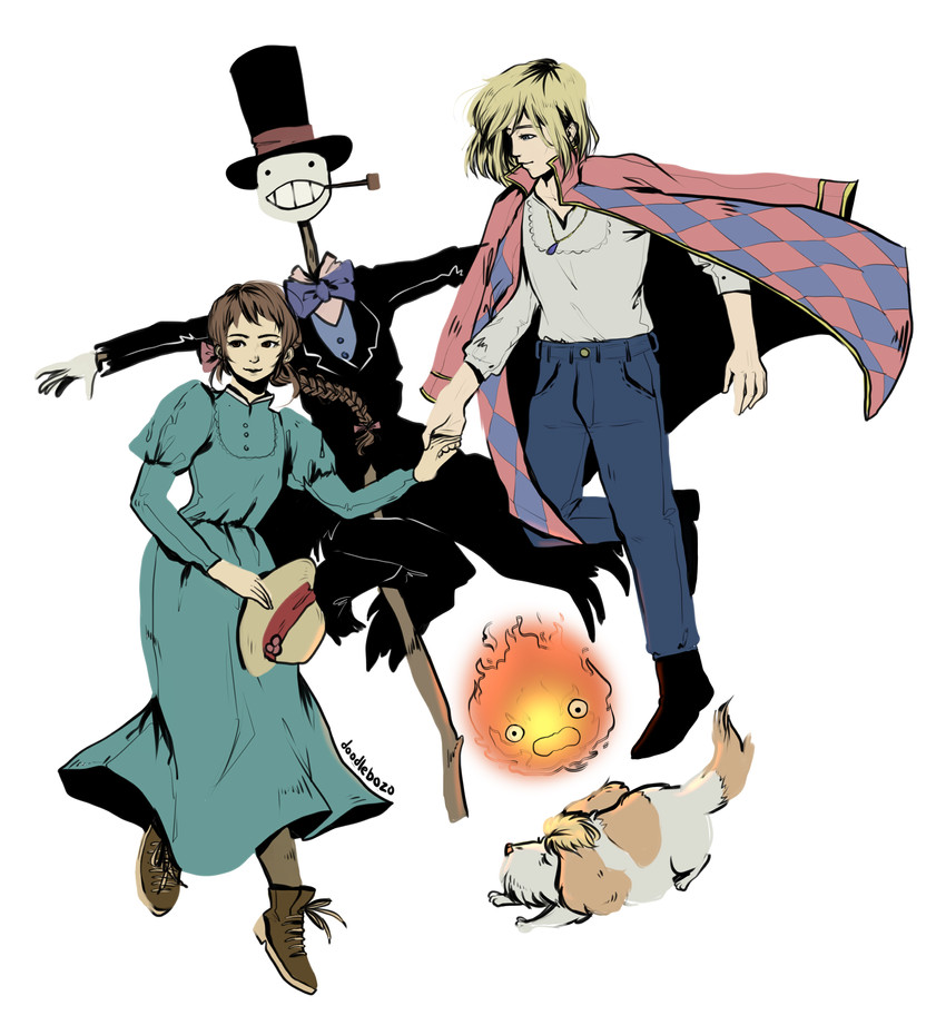 howl pendragon, sophie hatter, calcifer, heen, and kakashi no kabu (howl no ugoku shiro) drawn by doodlebozo