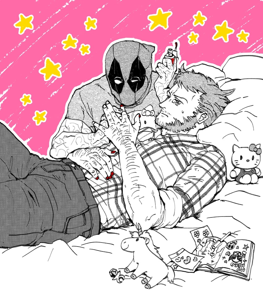 wolverine, deadpool, and hello kitty (marvel and 6 more) drawn by azuko_(@zuco)