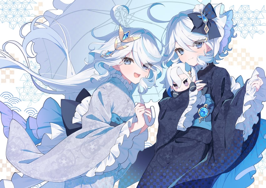 furina, neuvillette, and focalors (genshin impact) drawn by mochizuki_mochi