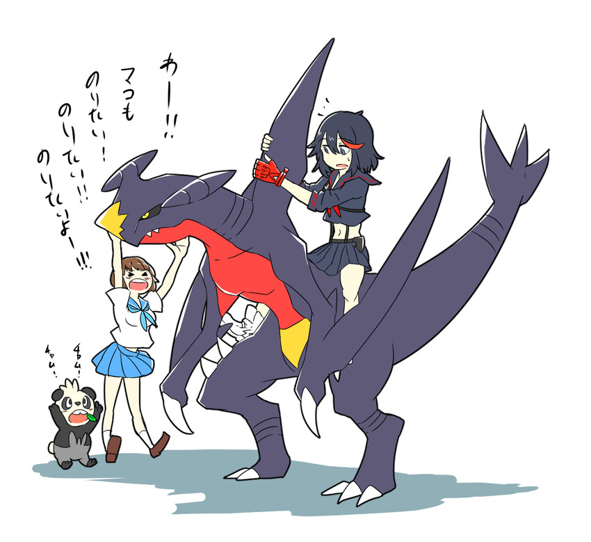 matoi ryuuko, senketsu, mankanshoku mako, garchomp, and pancham (pokemon and 1 more) drawn by takatsuki_nato