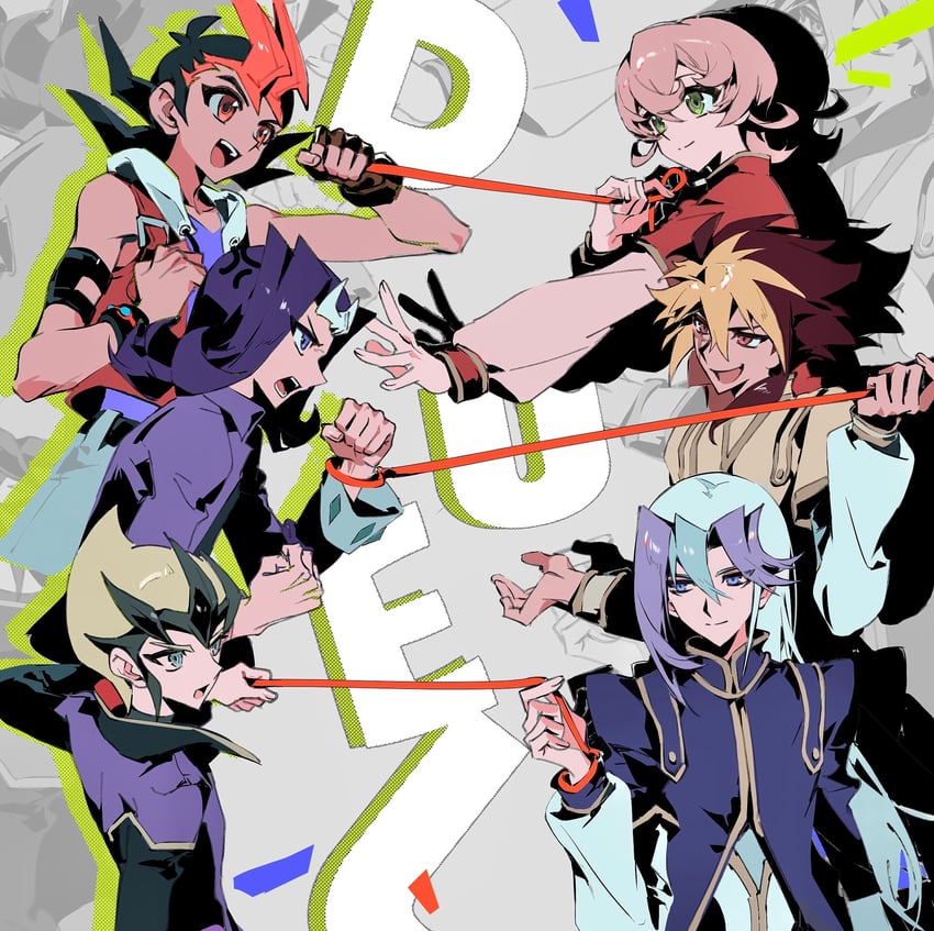 tsukumo yuma, kamishiro ryouga, iii, iv, tenjou kaito, and 1 more (yu-gi-oh! and 1 more) drawn by libuqilai