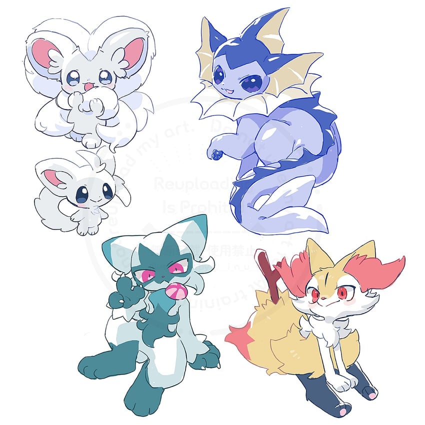 vaporeon, braixen, minccino, floragato, and cinccino (pokemon) drawn by okayu_(headless)