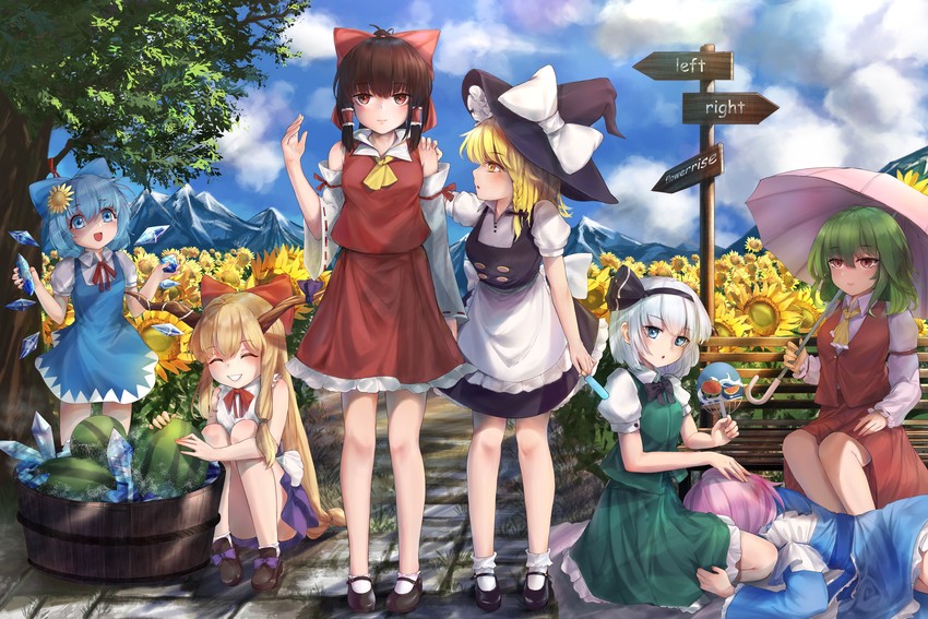 hakurei reimu, kirisame marisa, konpaku youmu, cirno, saigyouji yuyuko, and 2 more (touhou) drawn by denpajin-ryuushi