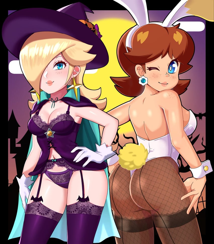 rosalina, princess daisy, and star bunny (mario) drawn by peachfuzz_(peachy) and sarukaiwolf