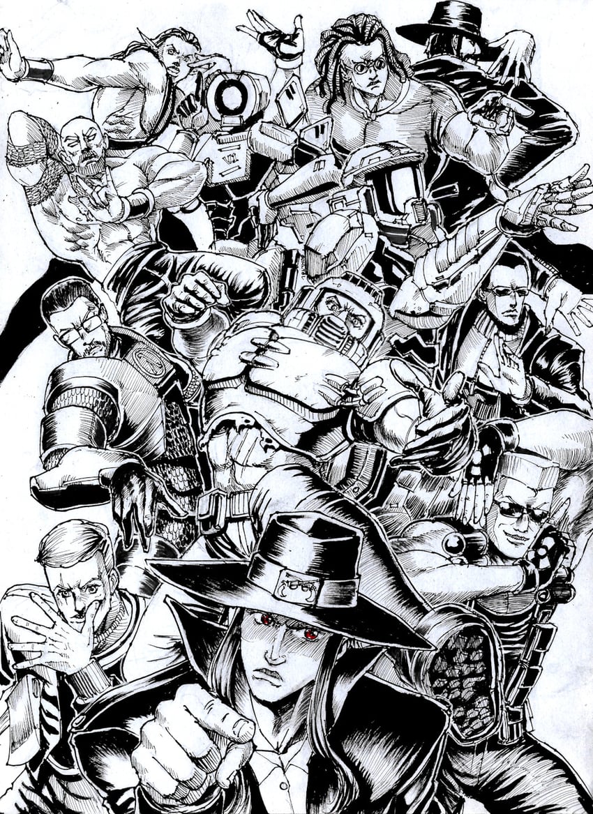 doomguy, master chief, gordon freeman, v1, duke nukem, and 7 more (jojo no kimyou na bouken and 16 more) drawn by substance20