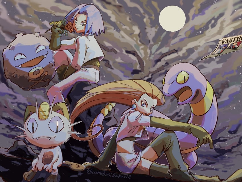 jessie, james, meowth, koffing, and ekans (pokemon) drawn by umebosibakari2